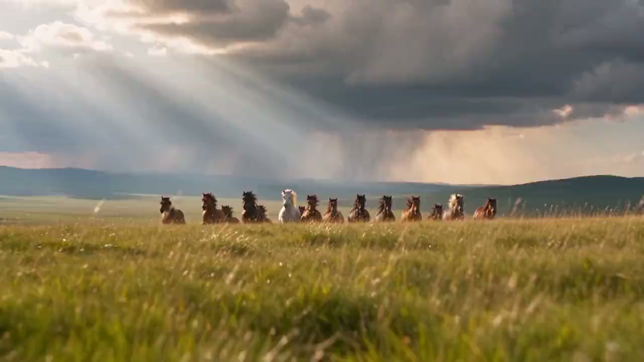 Horses crossing the Mongolian steppe